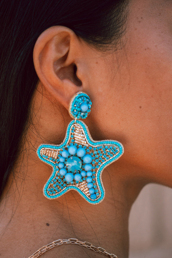 Turquoise Star Fish Seed Beaded Earrings