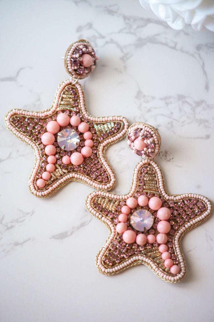 Light Pink Star Fish Seed Beaded Earrings