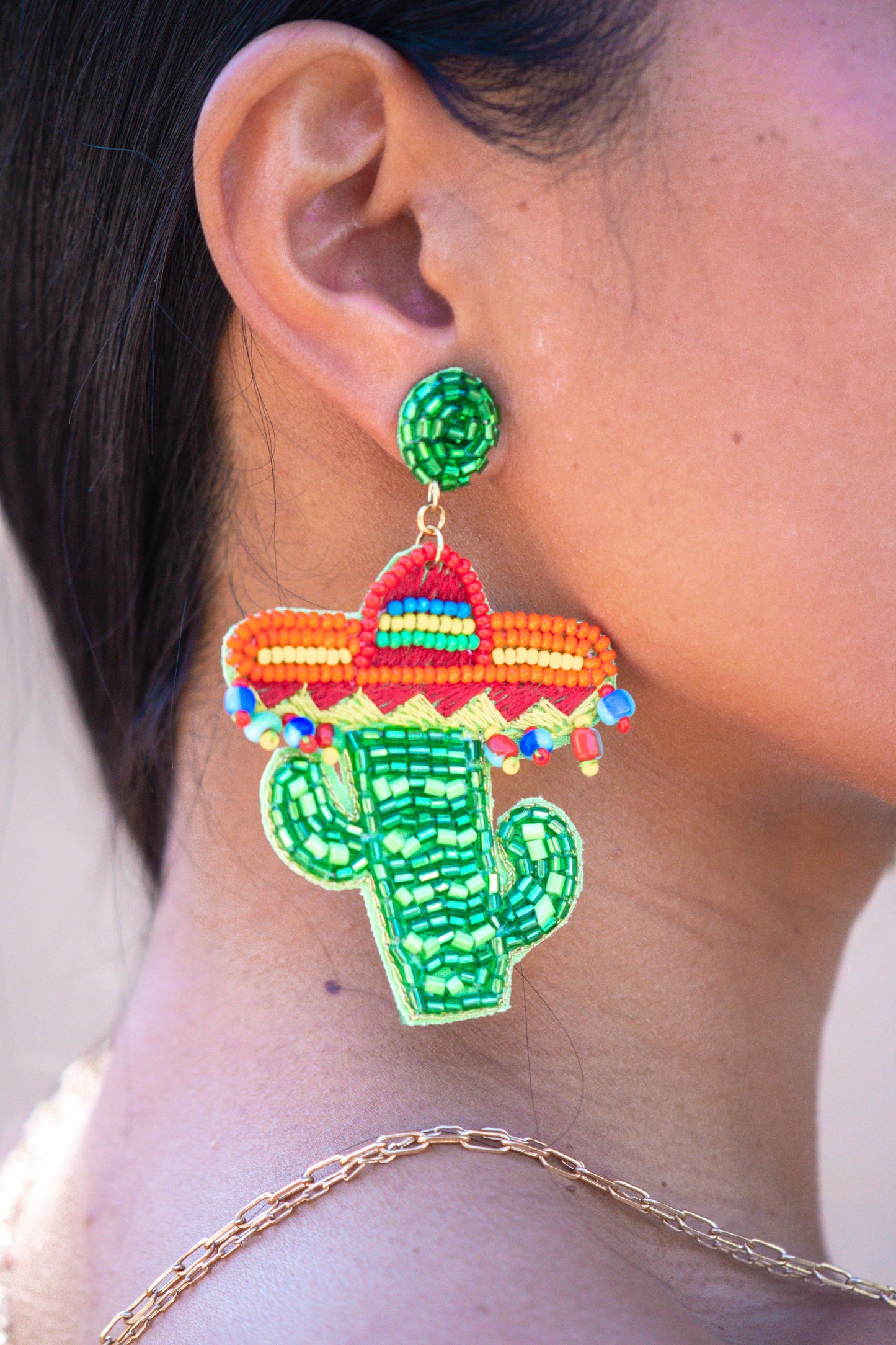 Green Cactus with Sombrero Seed Beaded Earrings