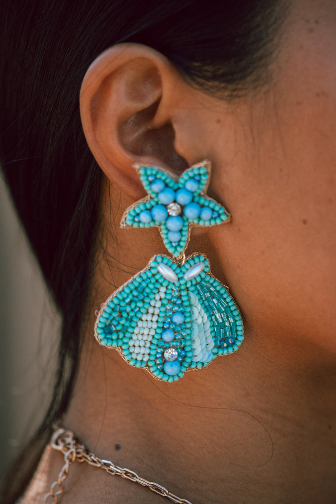 Turquoise Star and Seashell Seed Bead Earrings